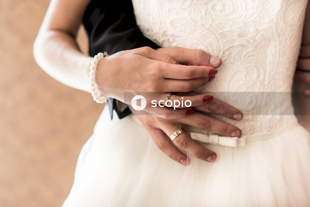 Bride and groom hugging