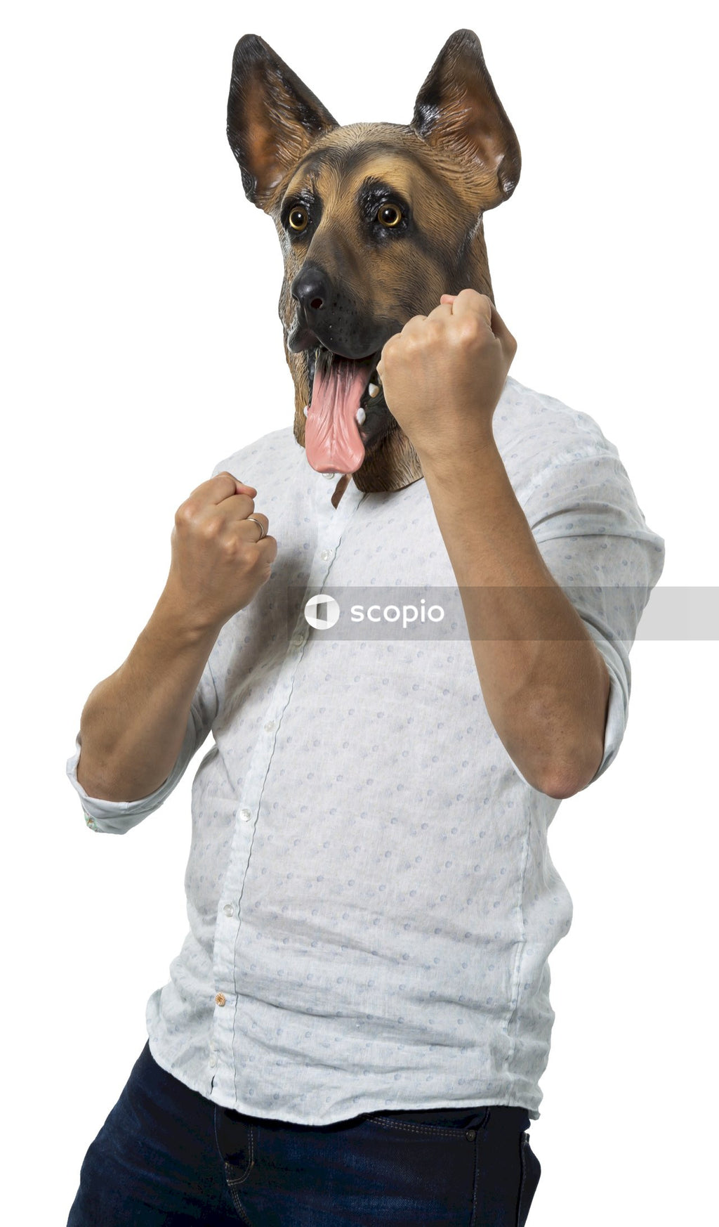 Woman in white long sleeve shirt hugging brown short coated dog