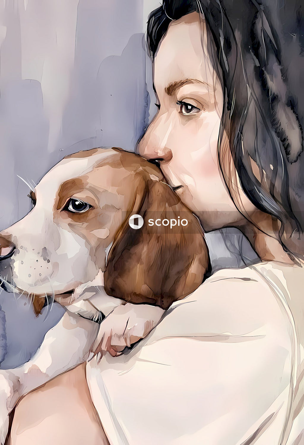 Woman in white long sleeve shirt hugging white and brown short coated dog