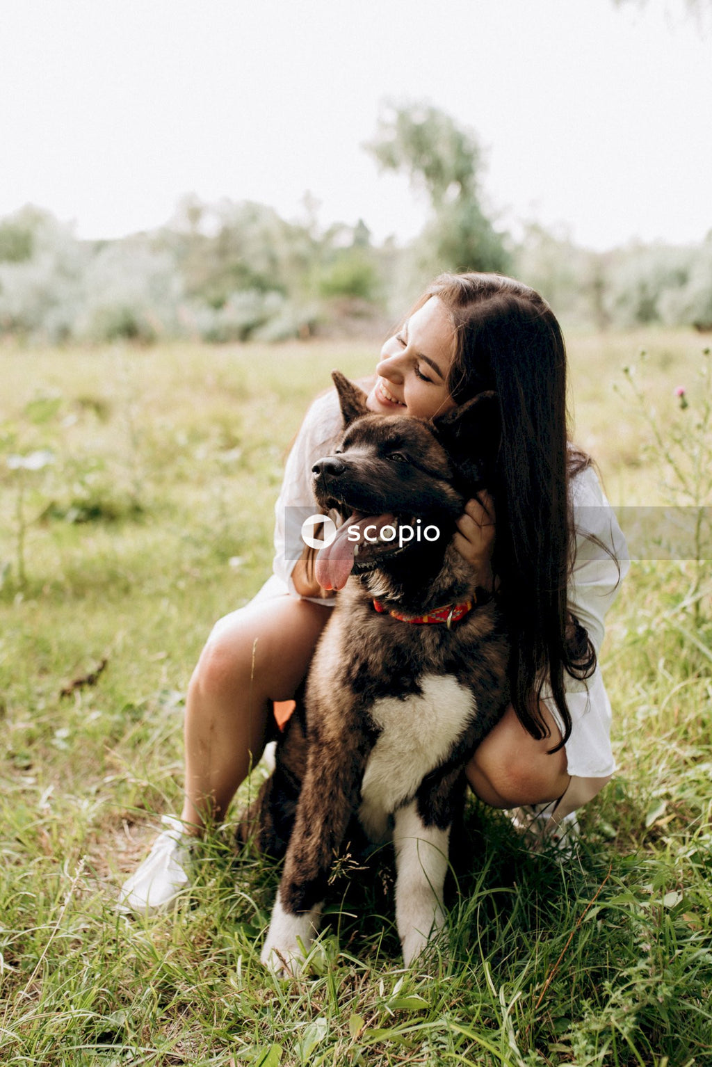 Woman in white shirt hugging brown and black short coated dog on green grass field